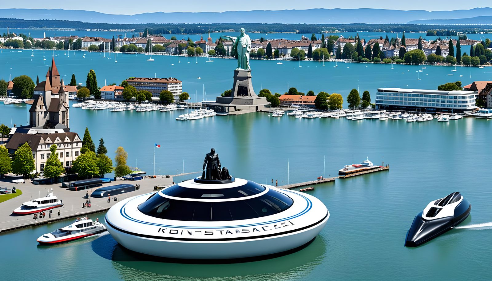 Futuristic hovercraft at seaside port of Konstanz in 500 yea...