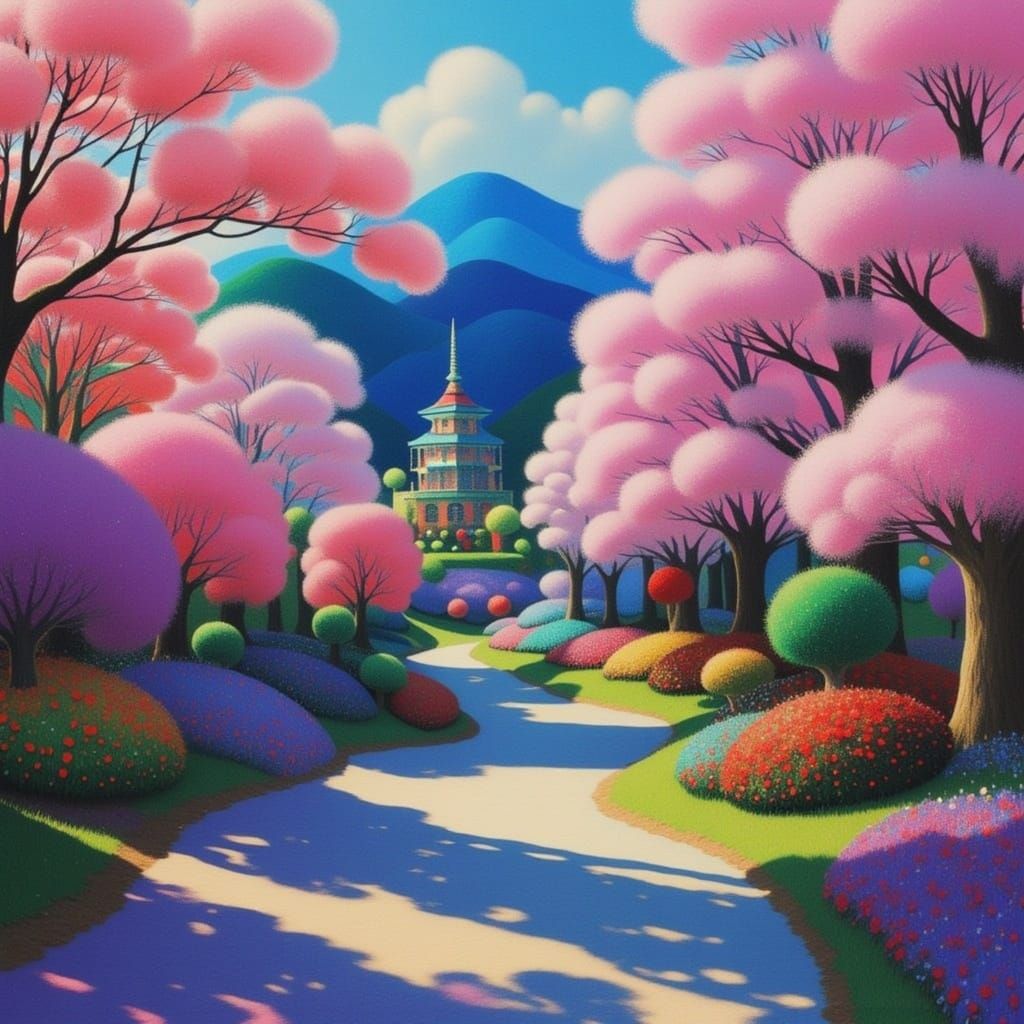 <lora:DAYDREAM MEADOWS:1.0> Cherry blossoms with a Japanese pagoda