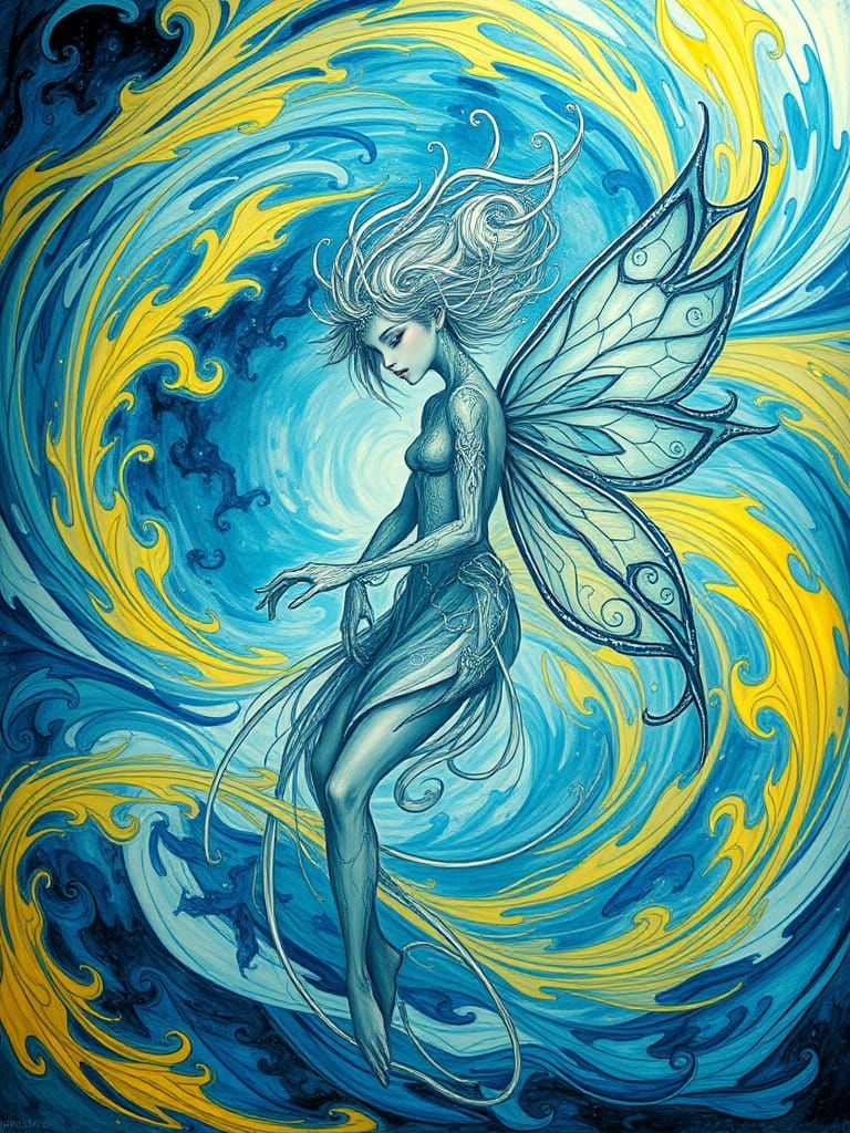 elaborate fantasy illustration in blue and yellow color tones with lots of squiggly lines and complex details, monochromatic art, highly sat...