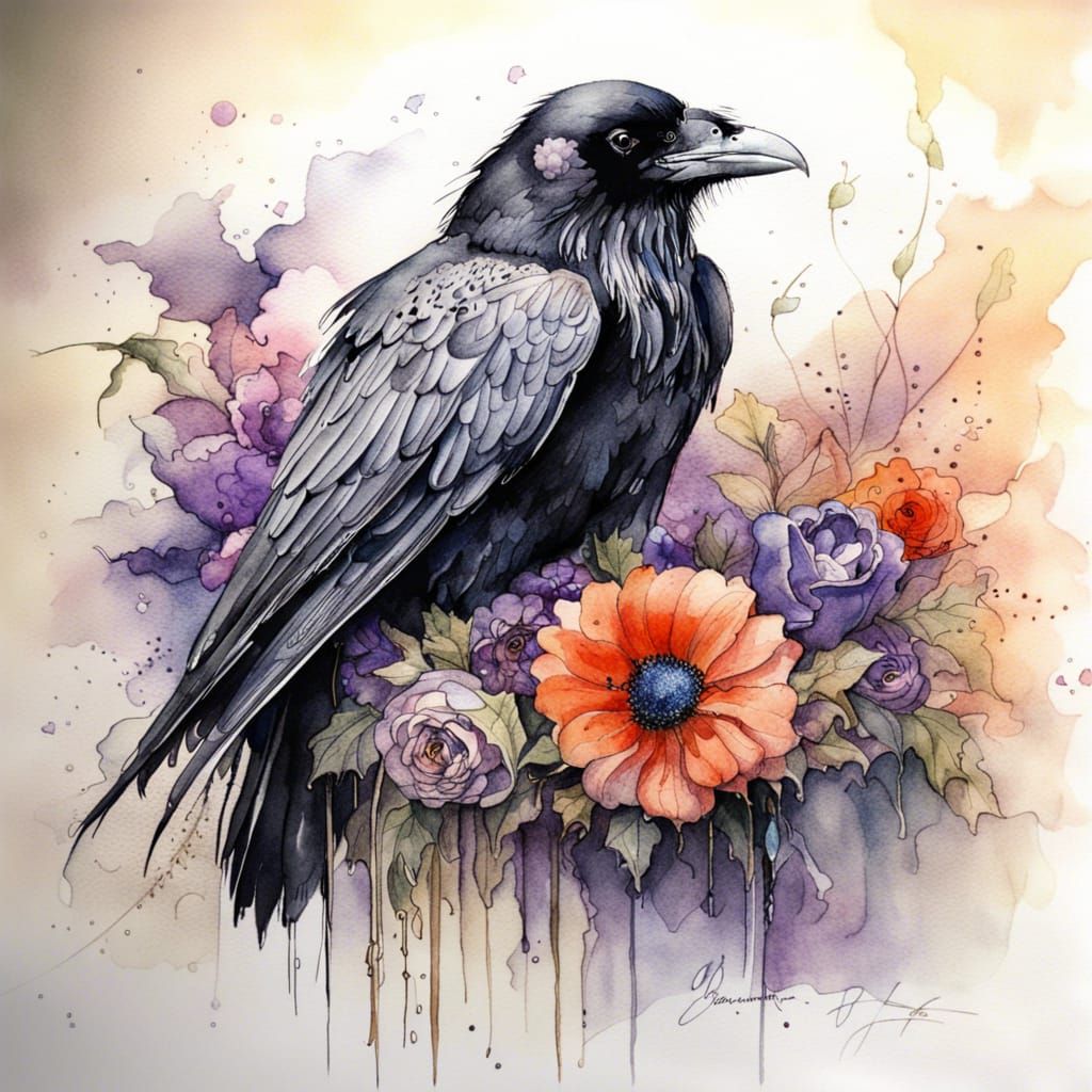 symbolic raven stone ledge romantic bouquet Ink drawing aquarell, Jean Baptiste Monge, Willem Haenraets ...  by @tremmerz
