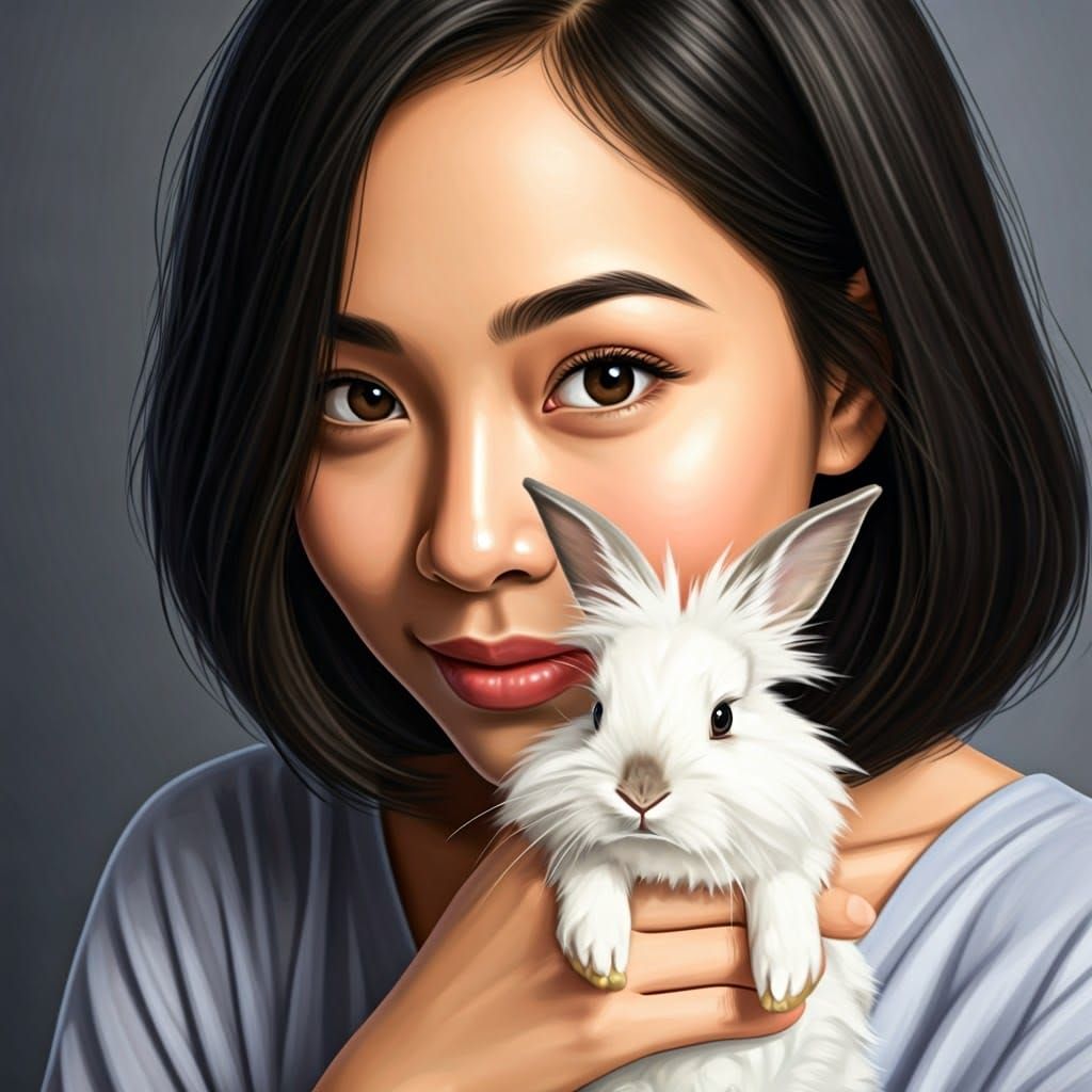 Tender Moment of a Thai Woman and Her White Rabbit