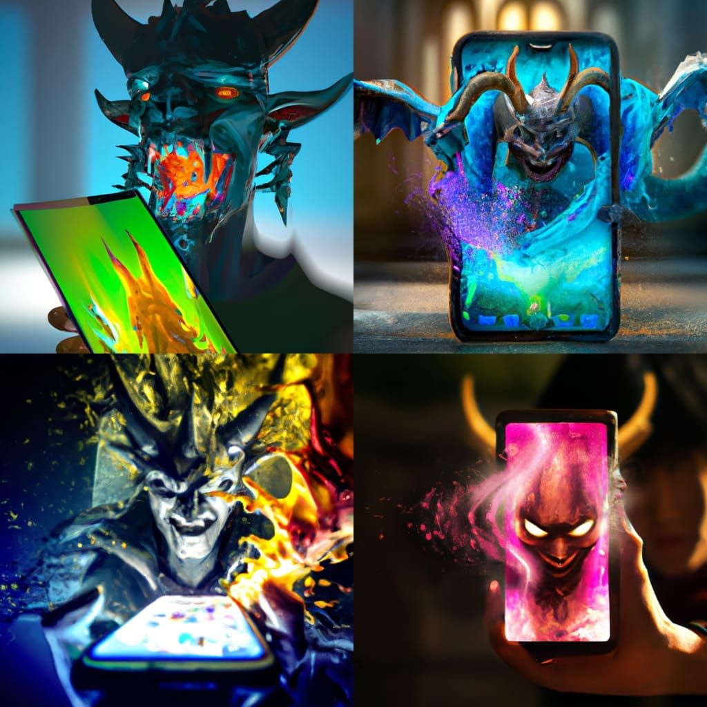 Digital demon coming out of smartphone, hype-realistic, unreal engine ...