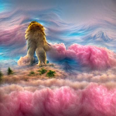 Giant majestic lion standing tall in a forest of cotton cand...