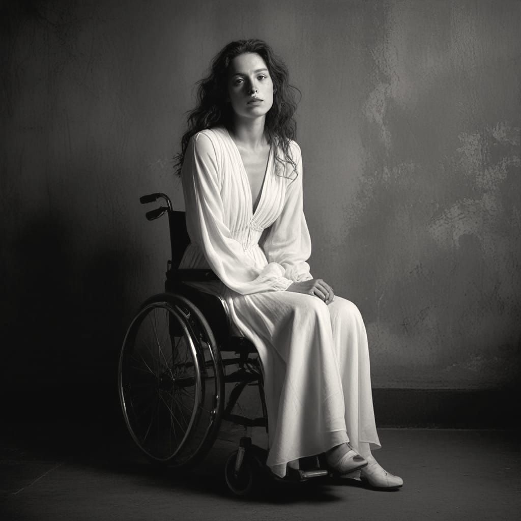 Moody black and white portrait of a woman in a wheelchair wearing a white chiffon dress   by @Fokje