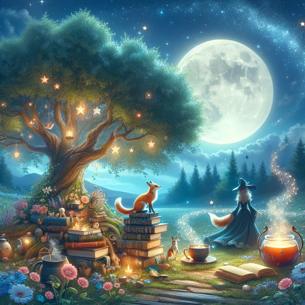 Pile of magic books cup of tea Magic atmosphera Flowers moon...