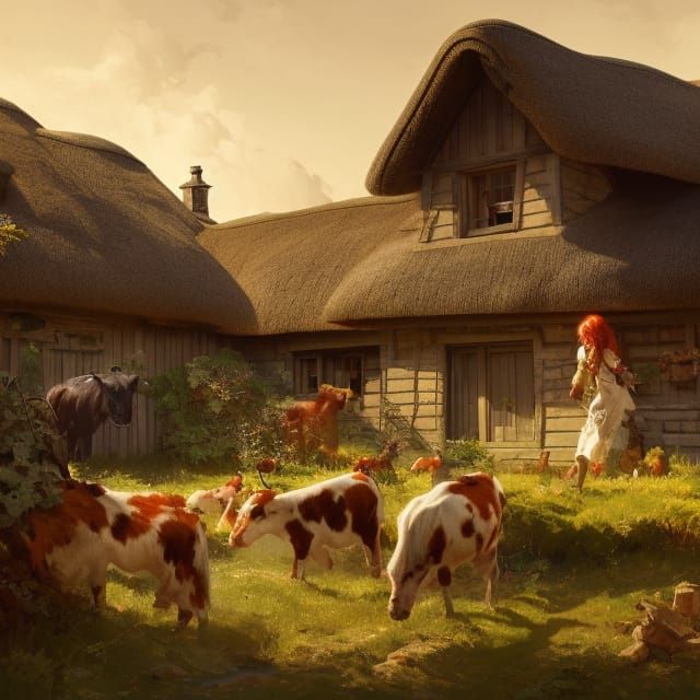 Thatched farmhouse at feeding time.  undefined