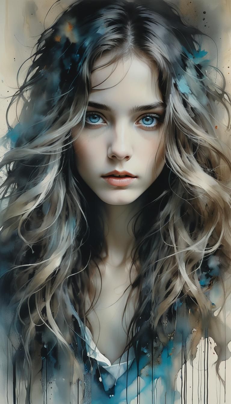 Watercolor portrait in brown and blue