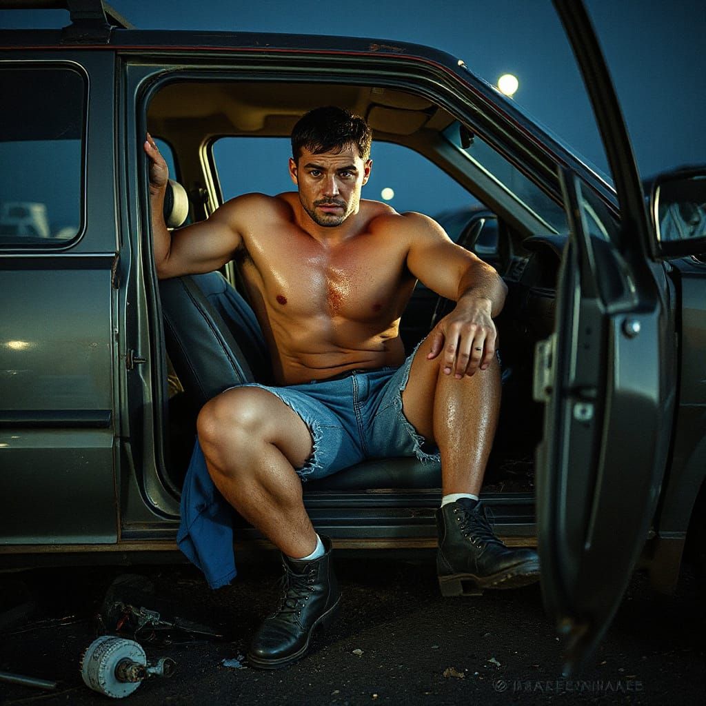 Muscular Mechanic Resting in Junkyard, Sinister Photograph