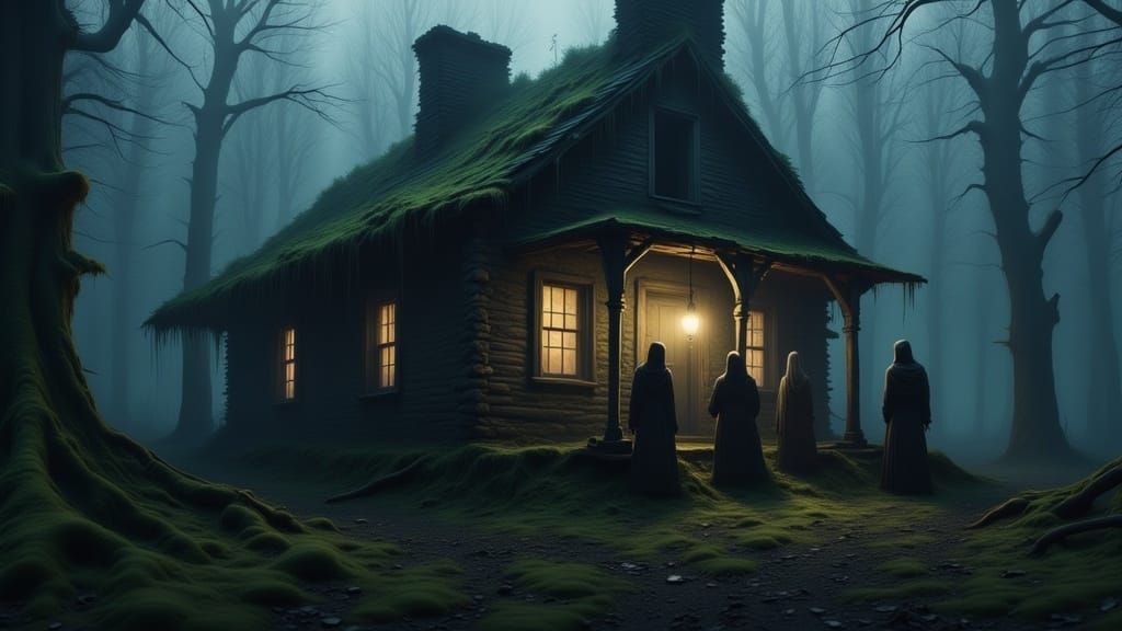 creepy cabin, dark robed figures <lora:Mystic Woods:1.0> 