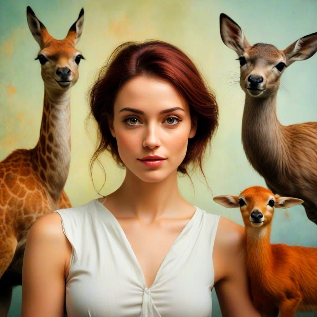 Charismatic Woman Surrounded by Fantastical Creatures in a V...