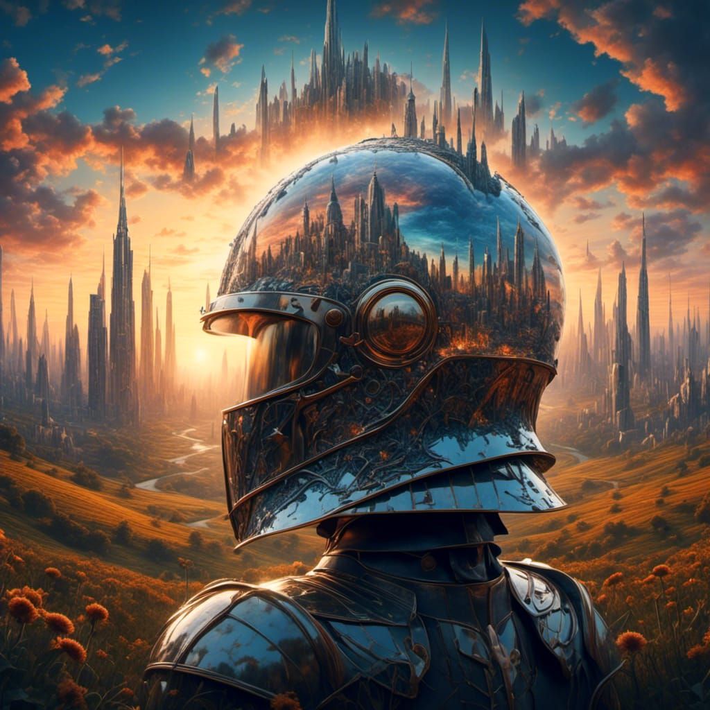 <lora:Helmets:1.0> 1960s album cover with medieval knights helmet with city inside double exposure sunset fields and space skies 