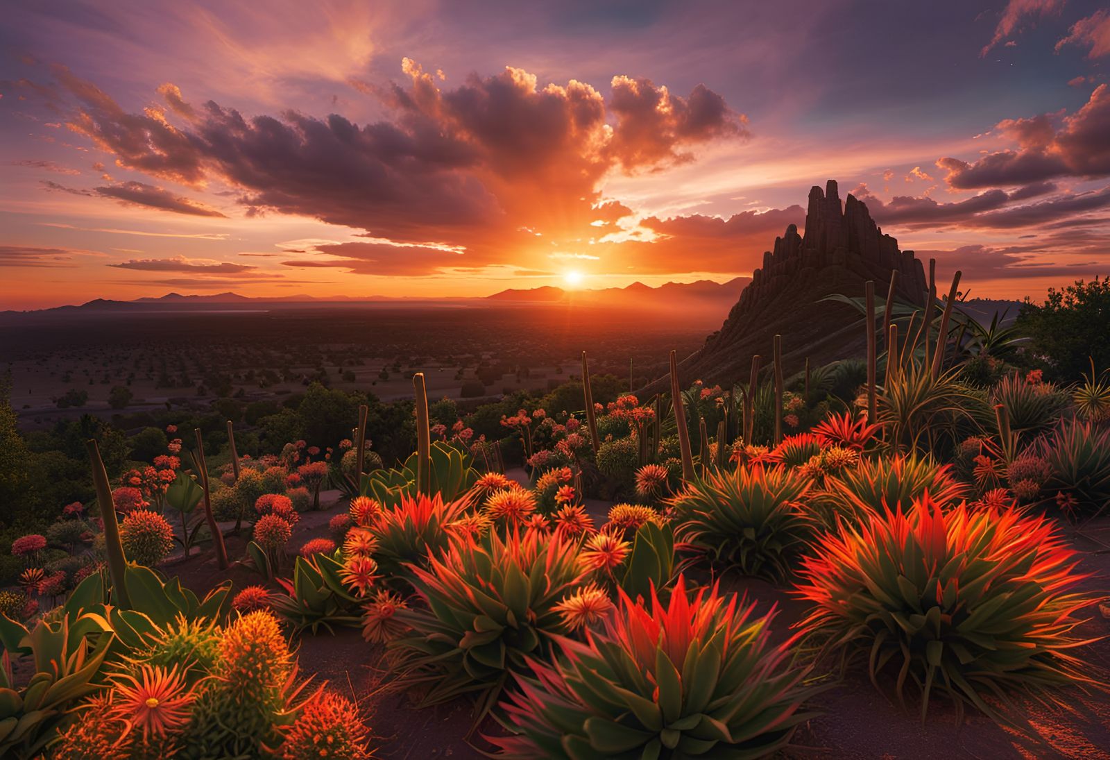 Sunset with sparkling epic Cinematic dramatic masterpiece Arizona desert cactus flowers cacti mesa golden ...  by @Anna Maria Nieves