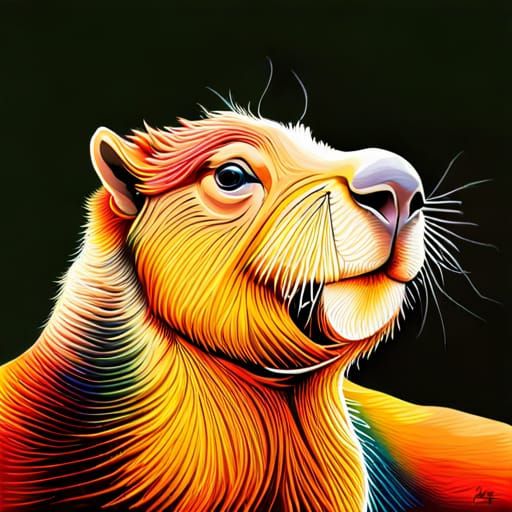 "Create a charming and colorful portrait of a playful capyba...