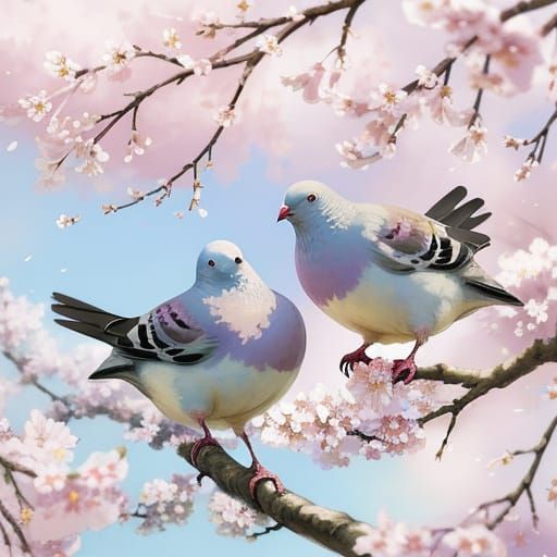 Pigeons on Cherry Blossom Branch, Impressionistic Painting