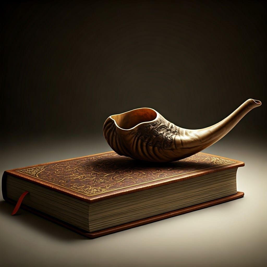 Majestic Shofar Rests on a Leather-Bound Siddur in a Hyper-R...