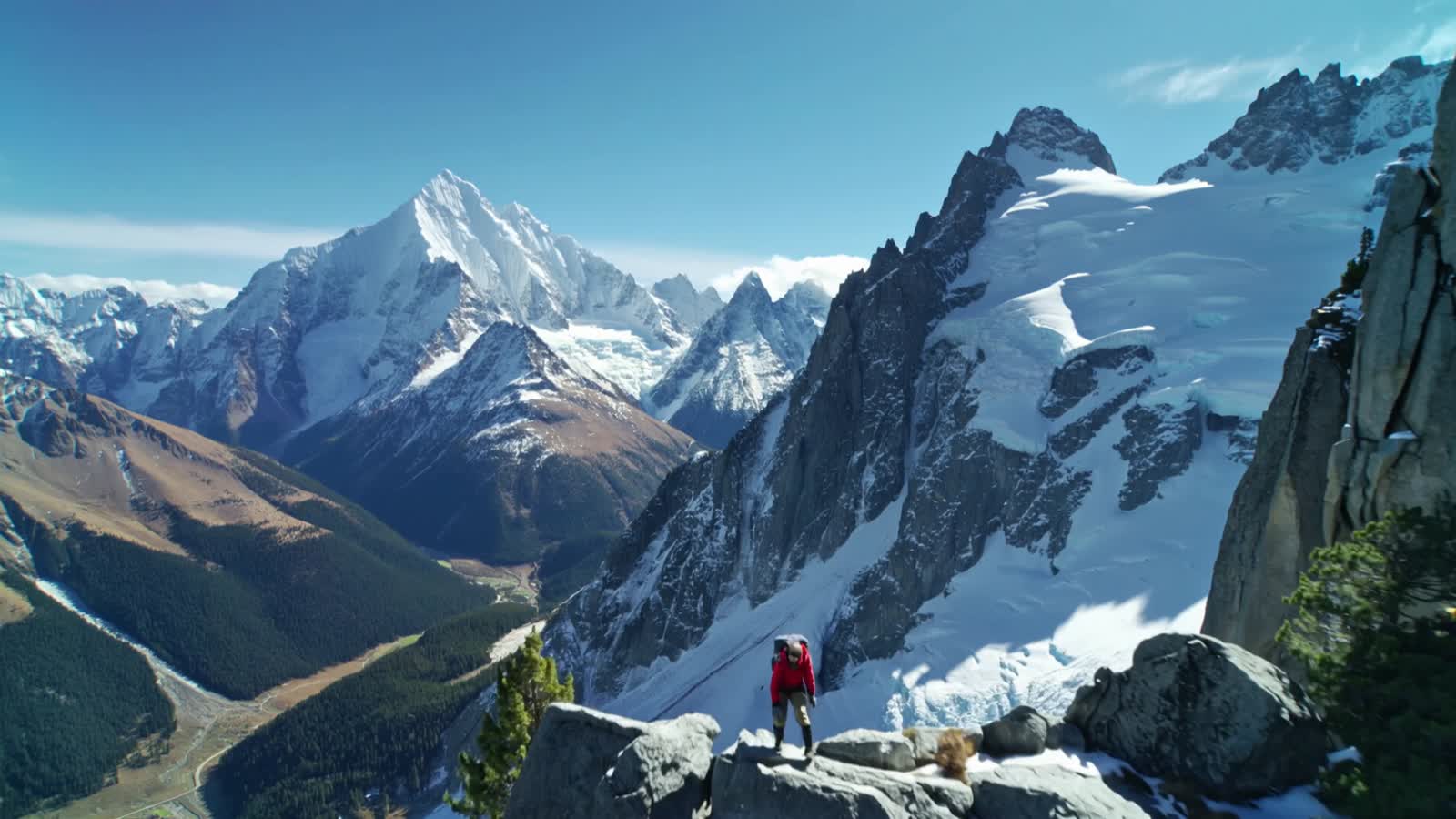 wide out hyper-realistic mountainscape with 2 tiny climbers seen very far away. himalayan, mountain, cliff, distance