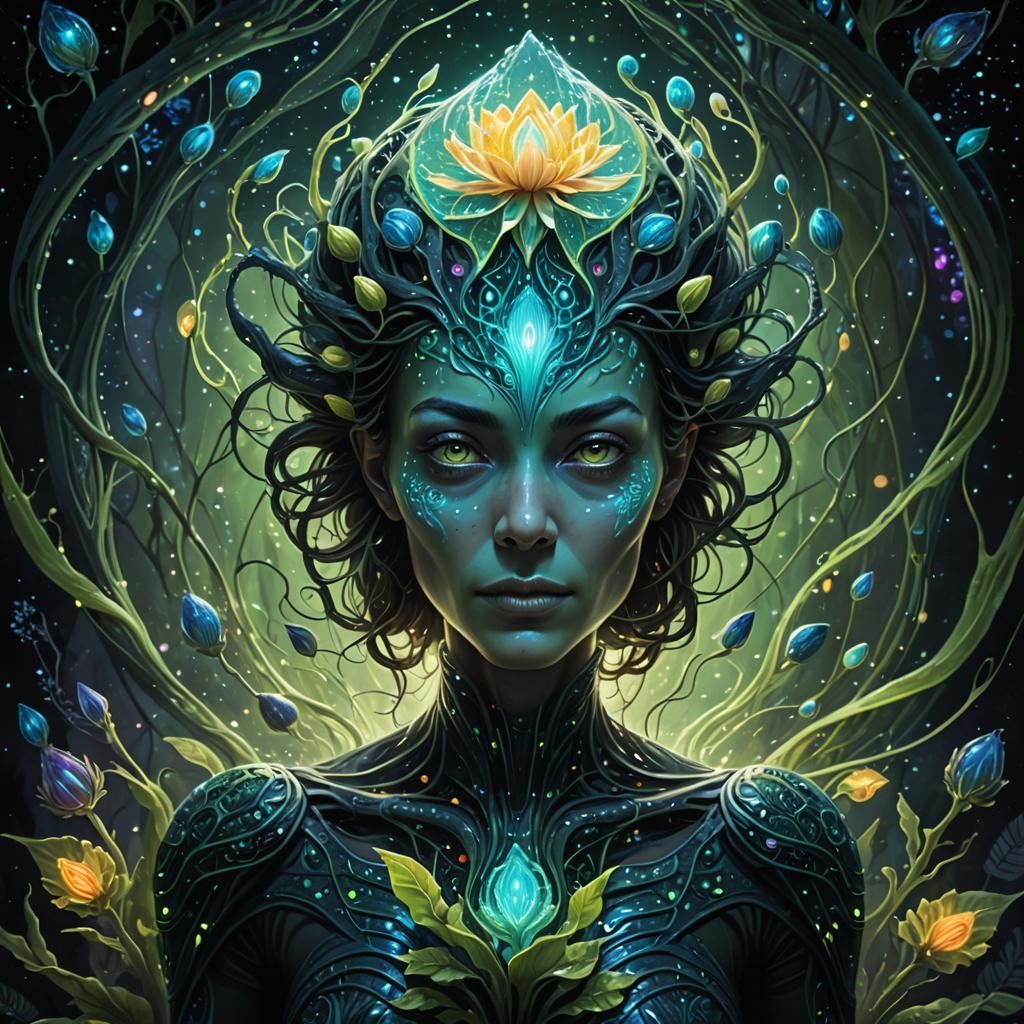 a woman emerging from an alien seed. The scene should depict...