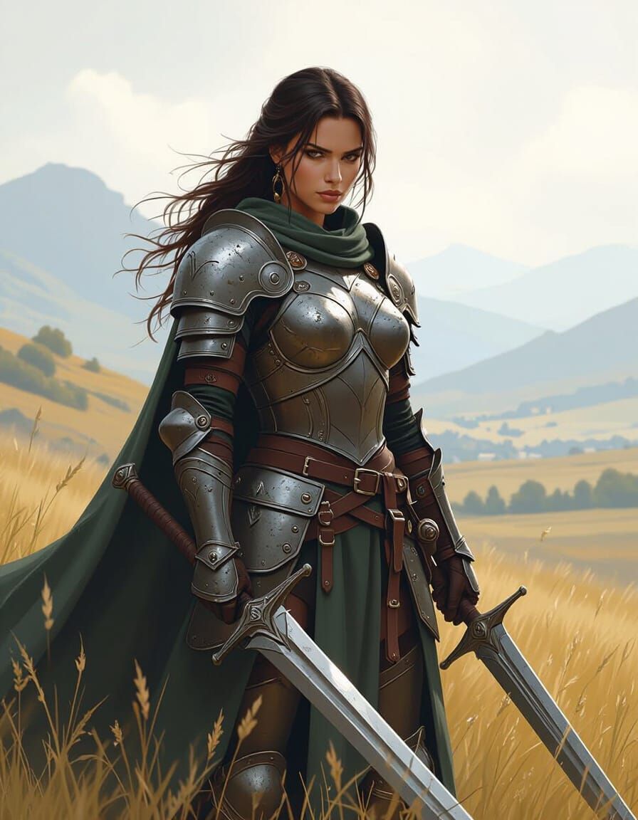Female Warrior in Armor in a Scenic Landscape