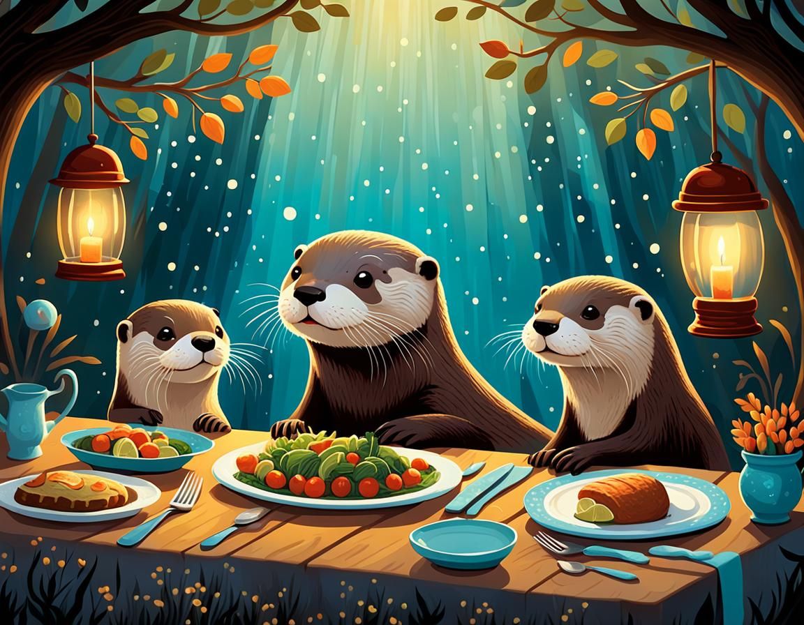 an adorable and beautiful otter, smiling, serving the table ...