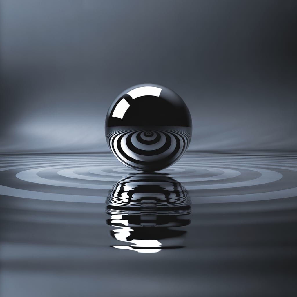 Photorealistic optical illusion featuring a highly reflective shiny chrome sphere resting on a mirrored surface. The sphere reflects a compl...