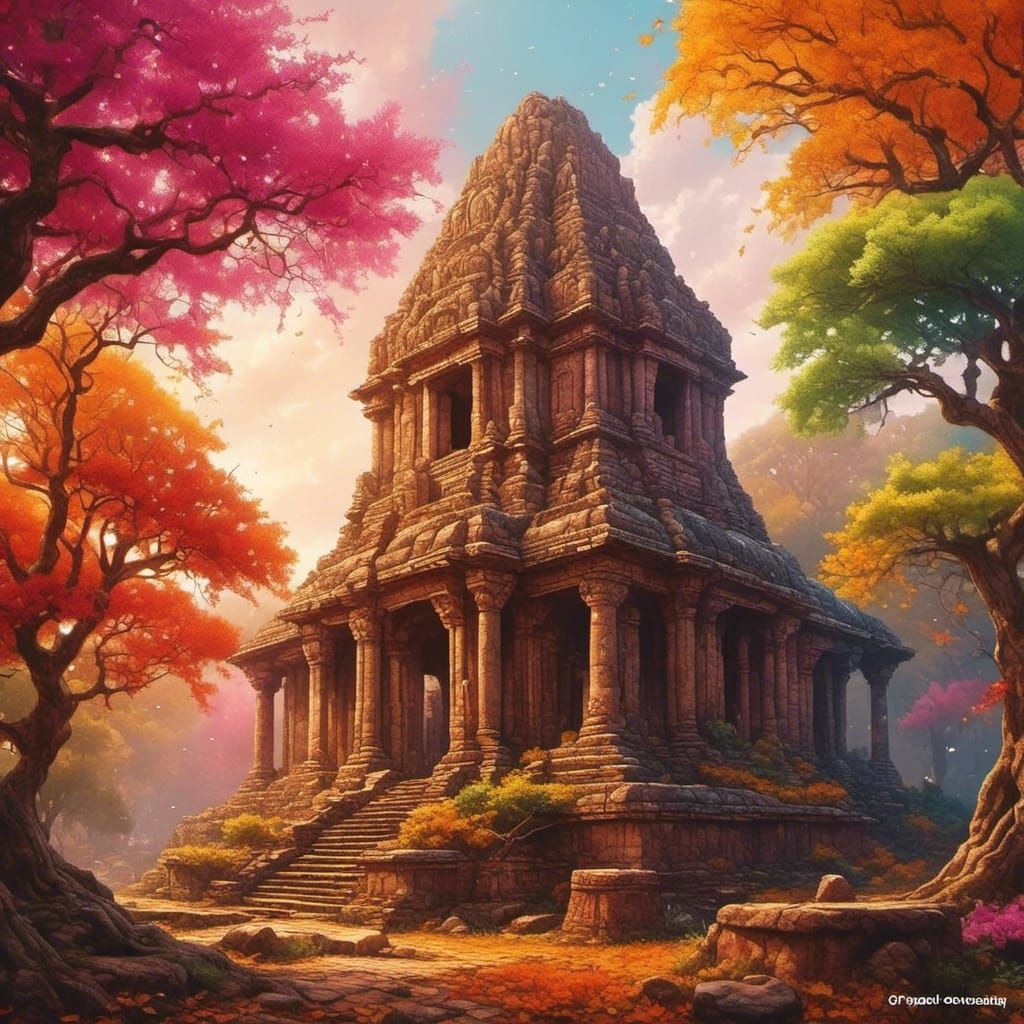  Thomas Kinkade style watercolor painting of a beautiful Konark Sun temple in the middle of an indian village, on a b...