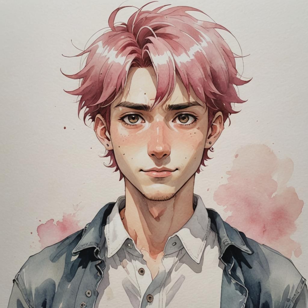 A man with pink hair and gray eyes is wearing a cozy yellow sweater with patterns on it instead of a t-shirt and a jacket.