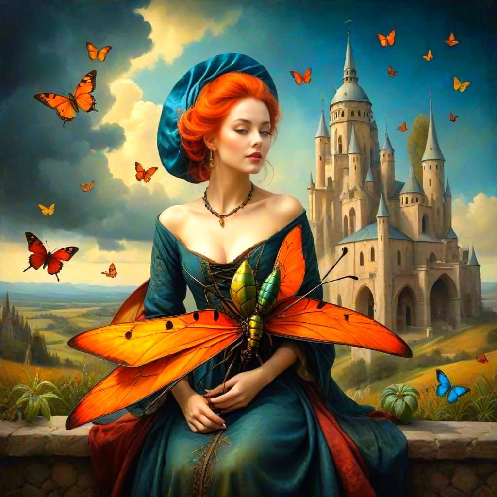 Happy Medieval Lady in Surreal Scene