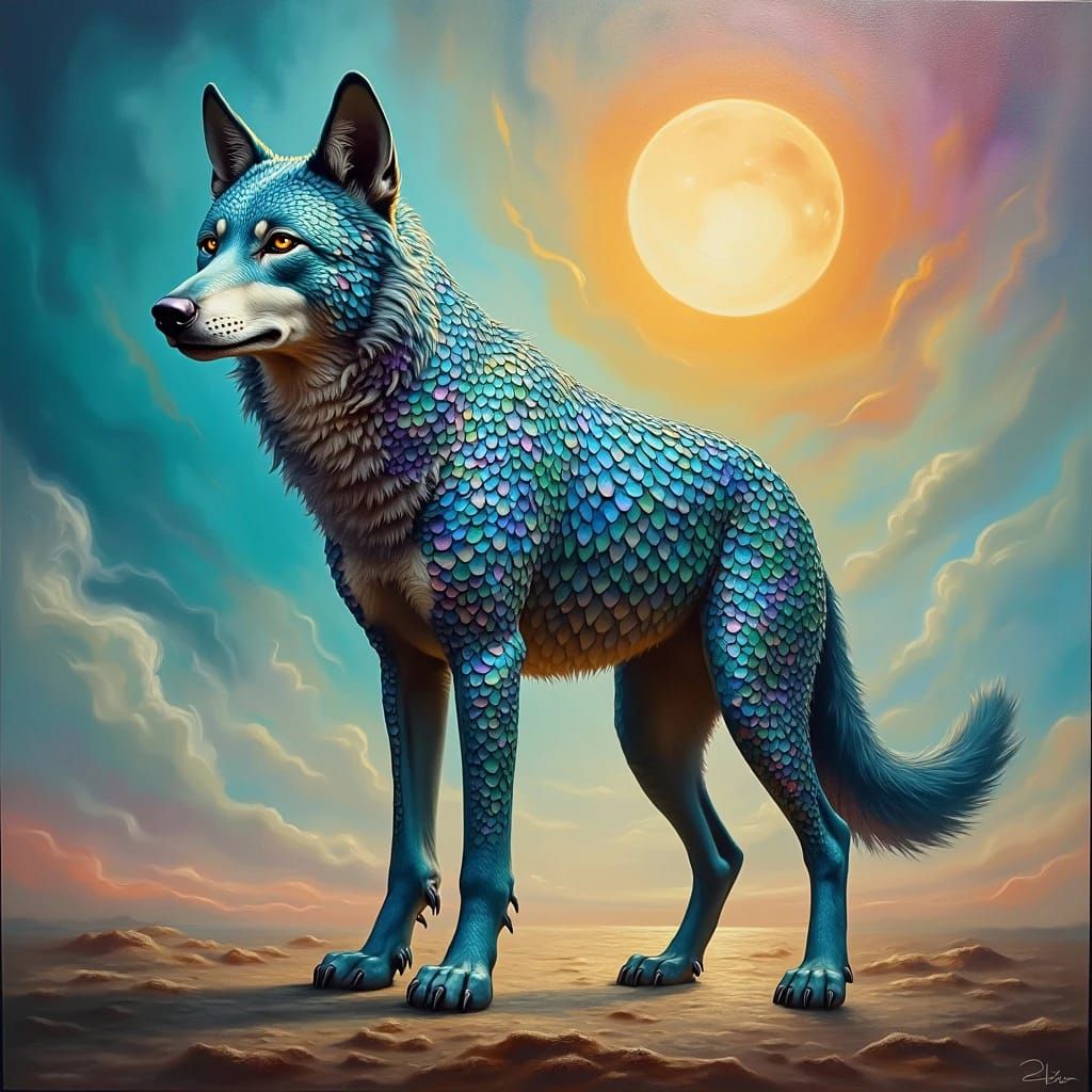 a wolf with shimmering fish scales instead of fur