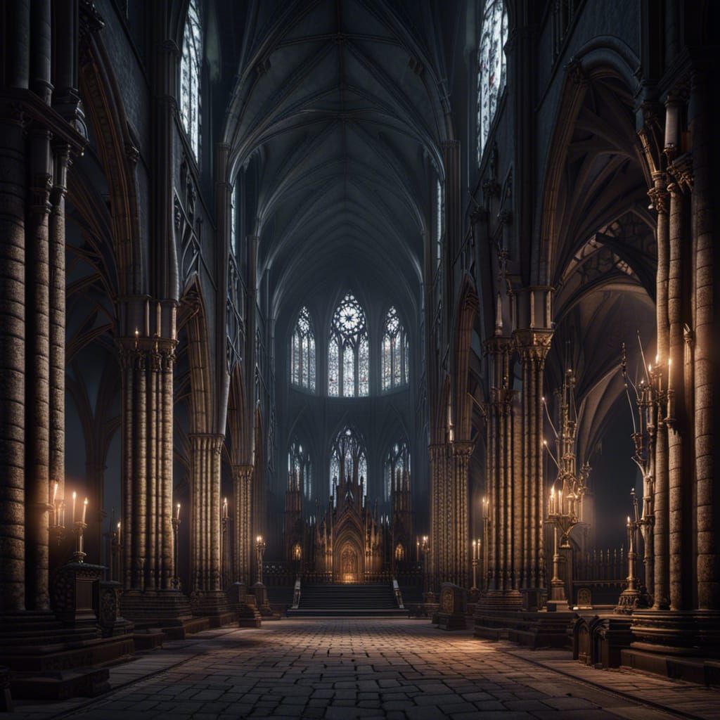 Spooky gothic cathedral at night