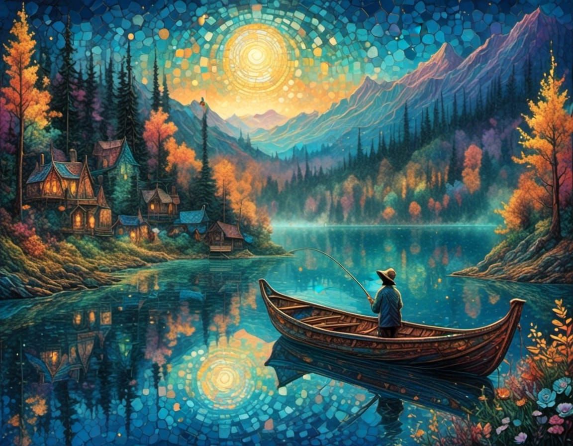 Whimsical Fishing Scene in a Misty Mountain Lake