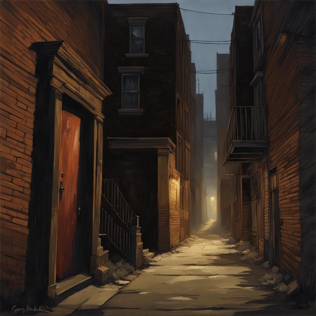 A dimly lit alley in an American city's run-down district; at the far ...