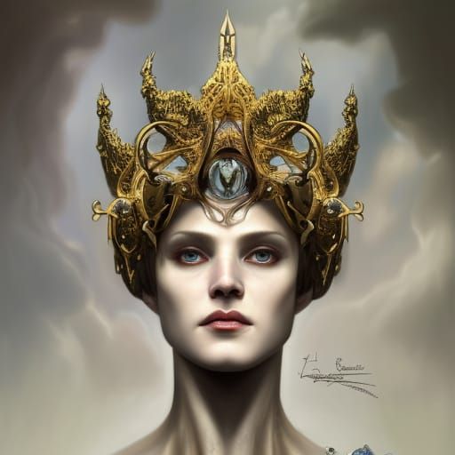Pale skin, Nephilim alien angel wearing an ornate intricate jeweled crown of advanced technology.  by @Colin Sean