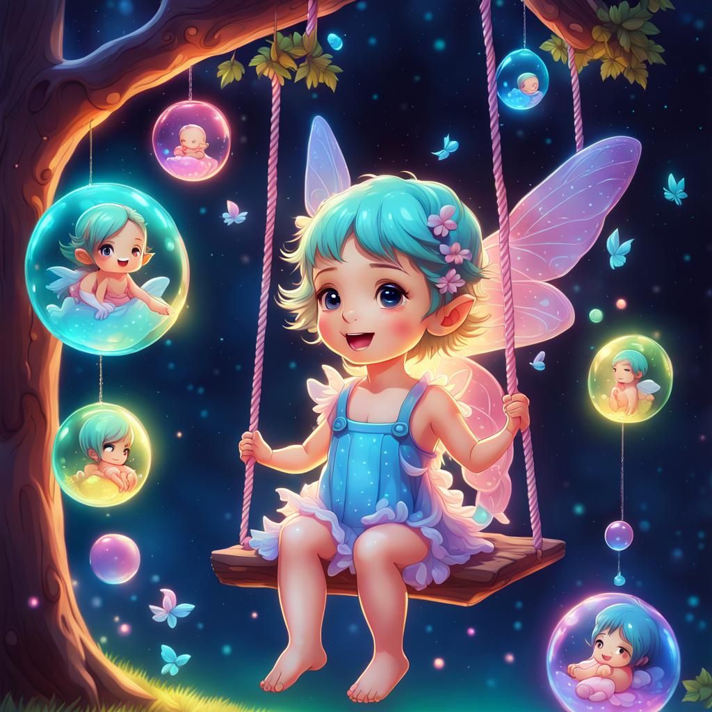 adorable cute Happy Chibi baby fairies swing on a beautiful tree swing ...