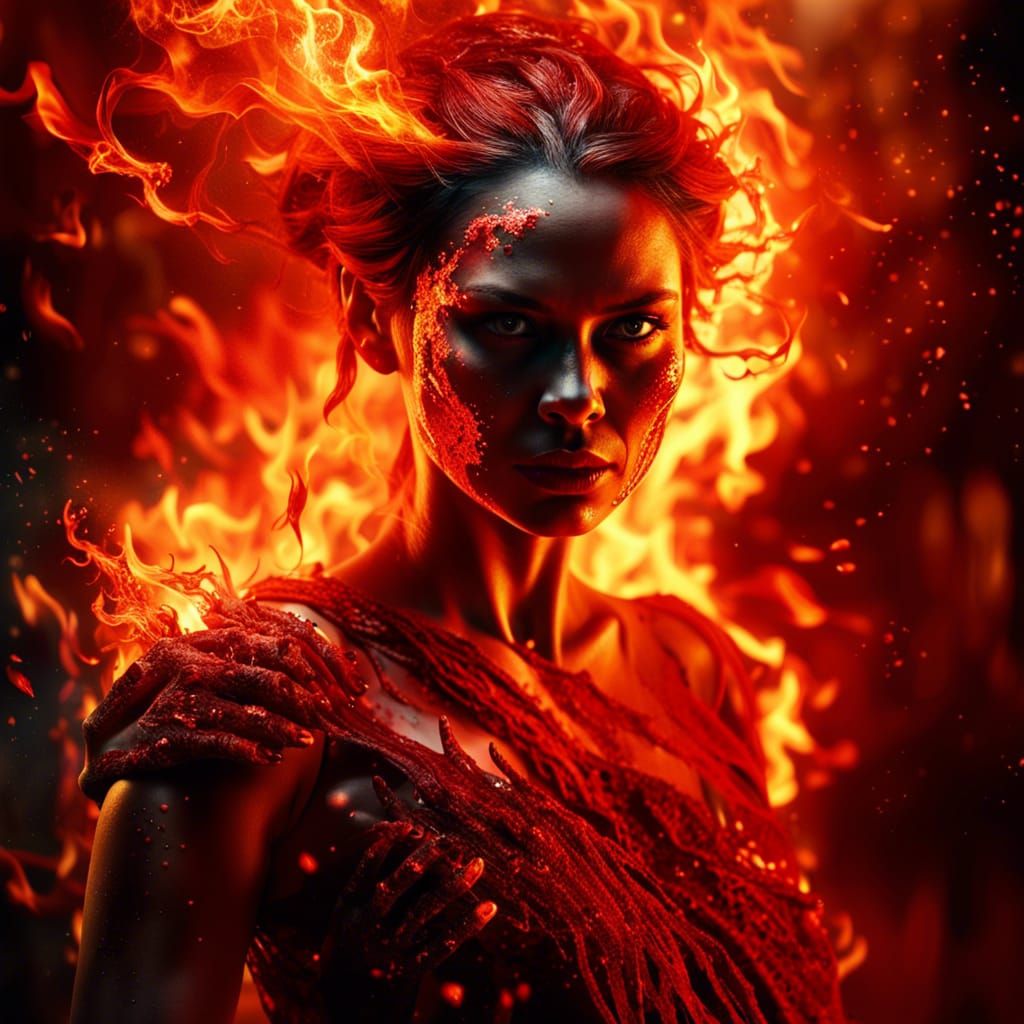 photorealistic final render firey portraits of a beautiful woman demon disintegrated onto red flames ...  by @KrystofM75
