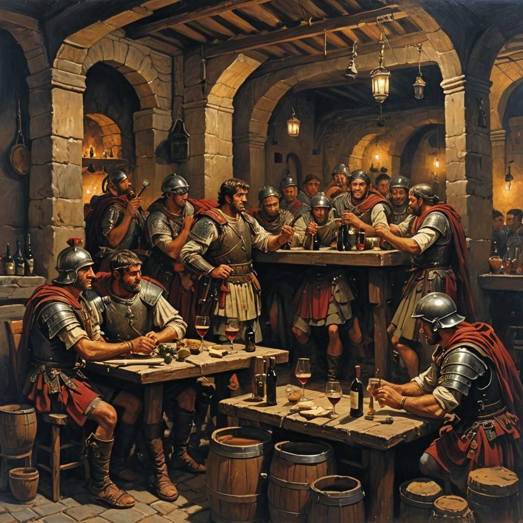 Roman soldiers in tavern drinking wine,night scenery oil pai...