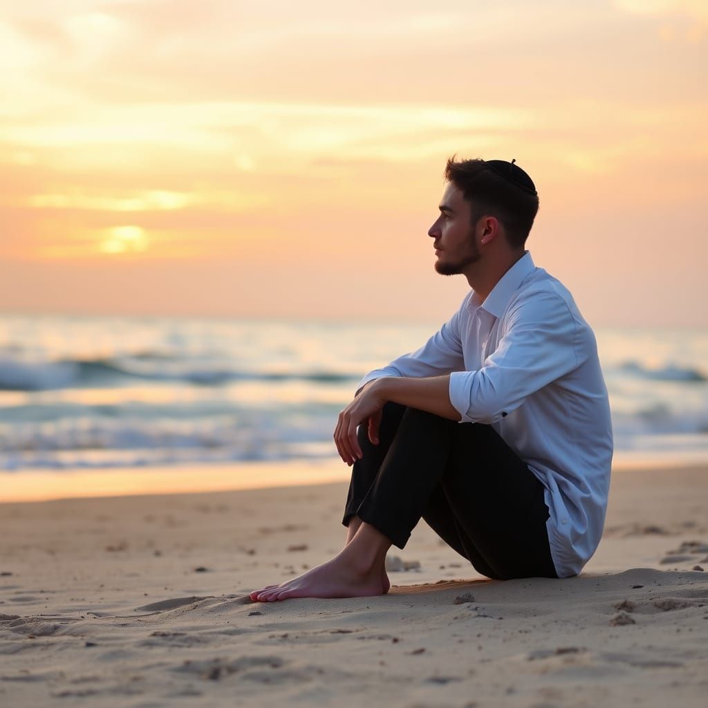 Serene Sunset Scene: Young Man on the Beach