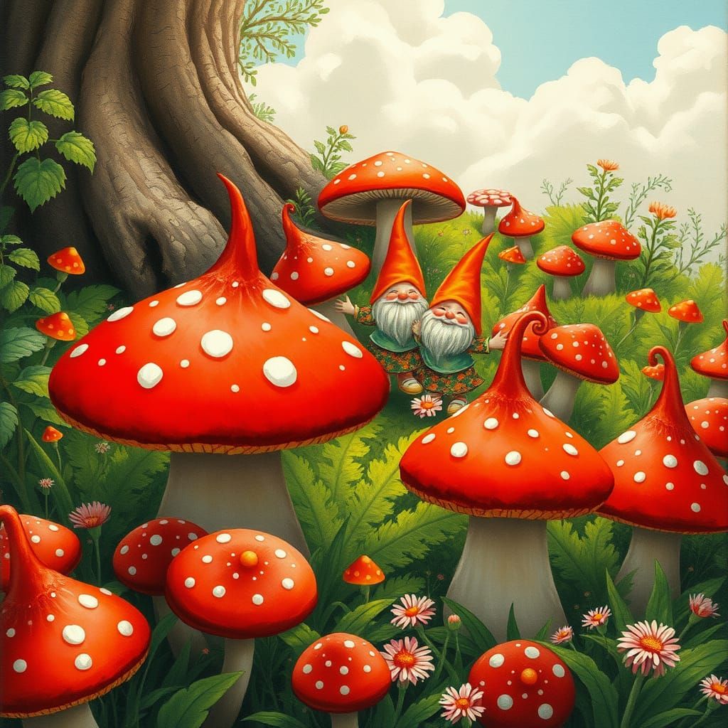 A red mushroom garden with lots of happy gnomes dancing in a circle next to the mushrooms   by @yosef milshtein