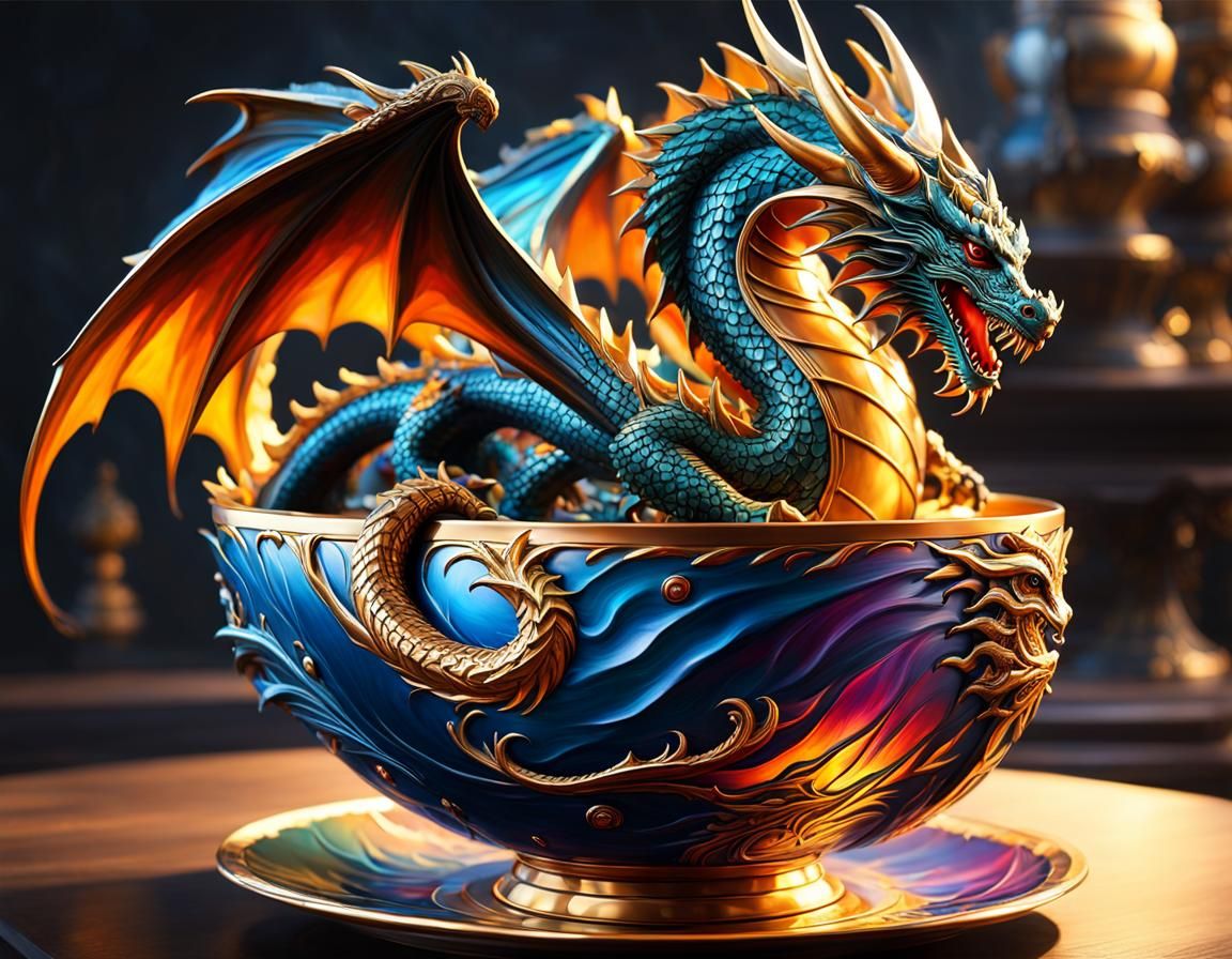 elaborate cup in the shape of a dragon, hyperdetailed, sharp...