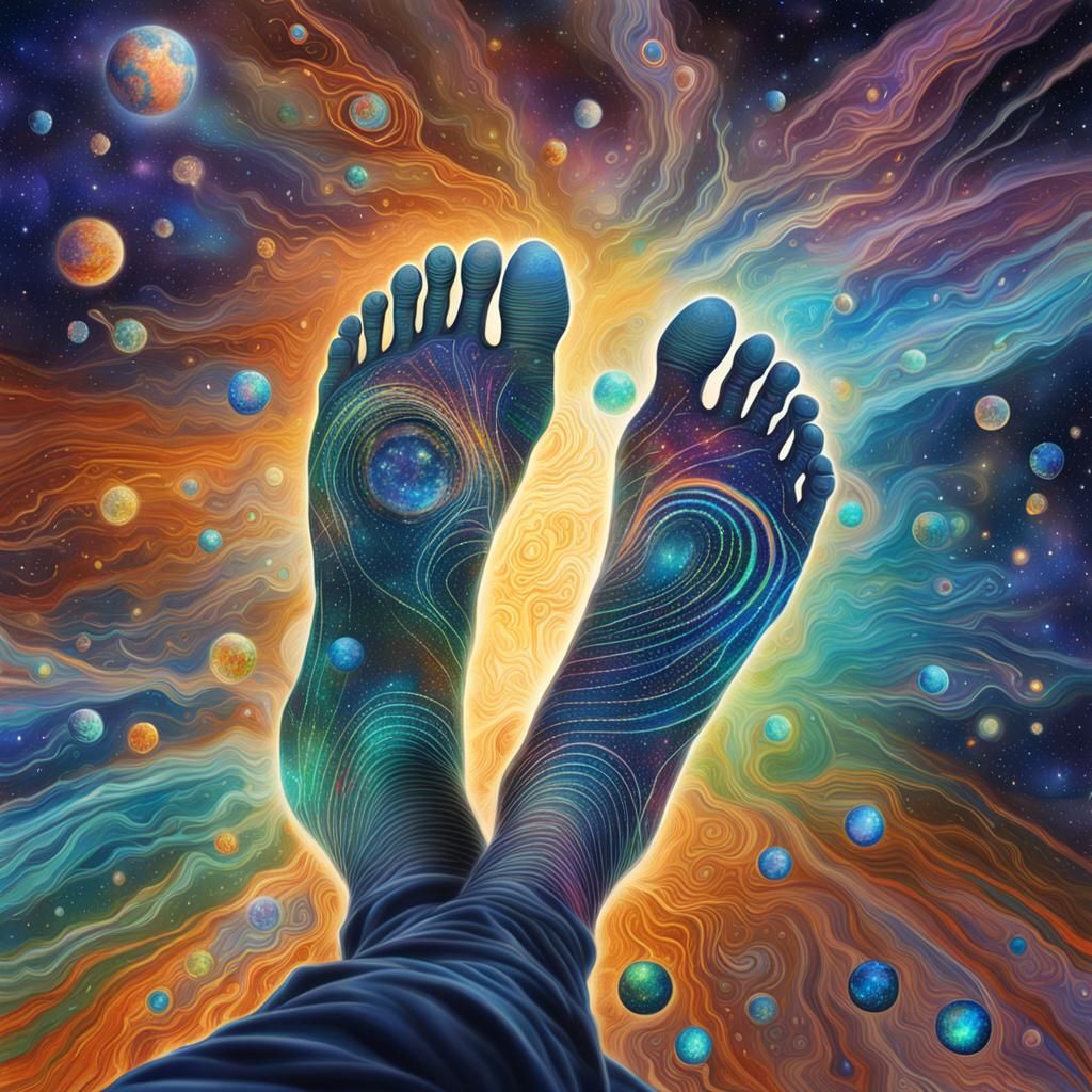 Looking down at a pair of feet standing on the earth, ground...
