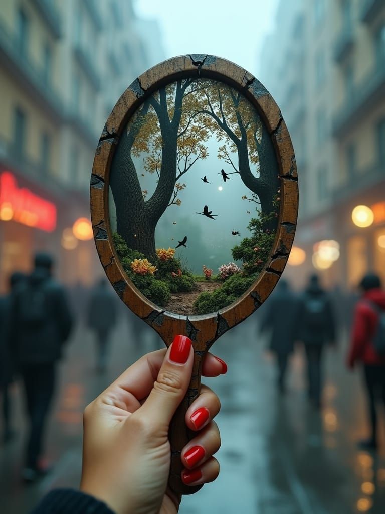 A close-up of an old, cracked hand mirror held in a dainty hand, the mirror missing, revealing a miniature, frozen moment in time inside a e...