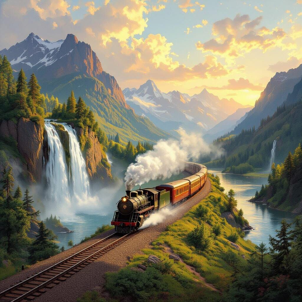 Train Through Untamed Landscape in Romantic Style