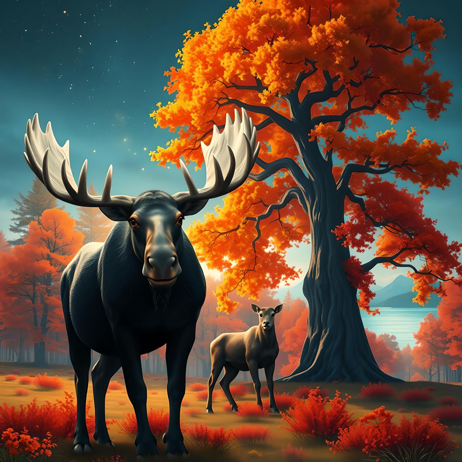 Moose and Calf in Autumn Forest