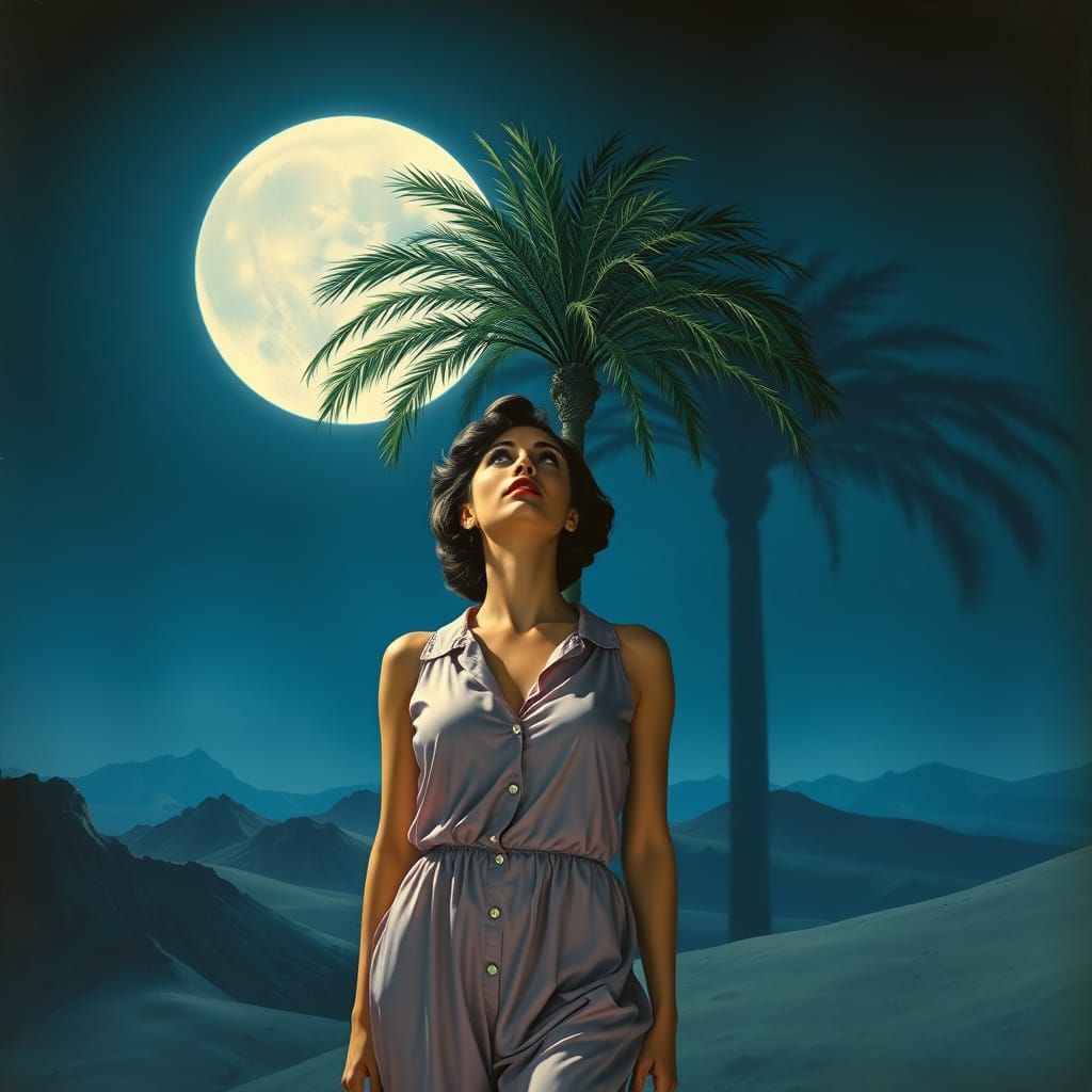 Woman Astonished by Giant Palm Shadow Under Moonlit Sky