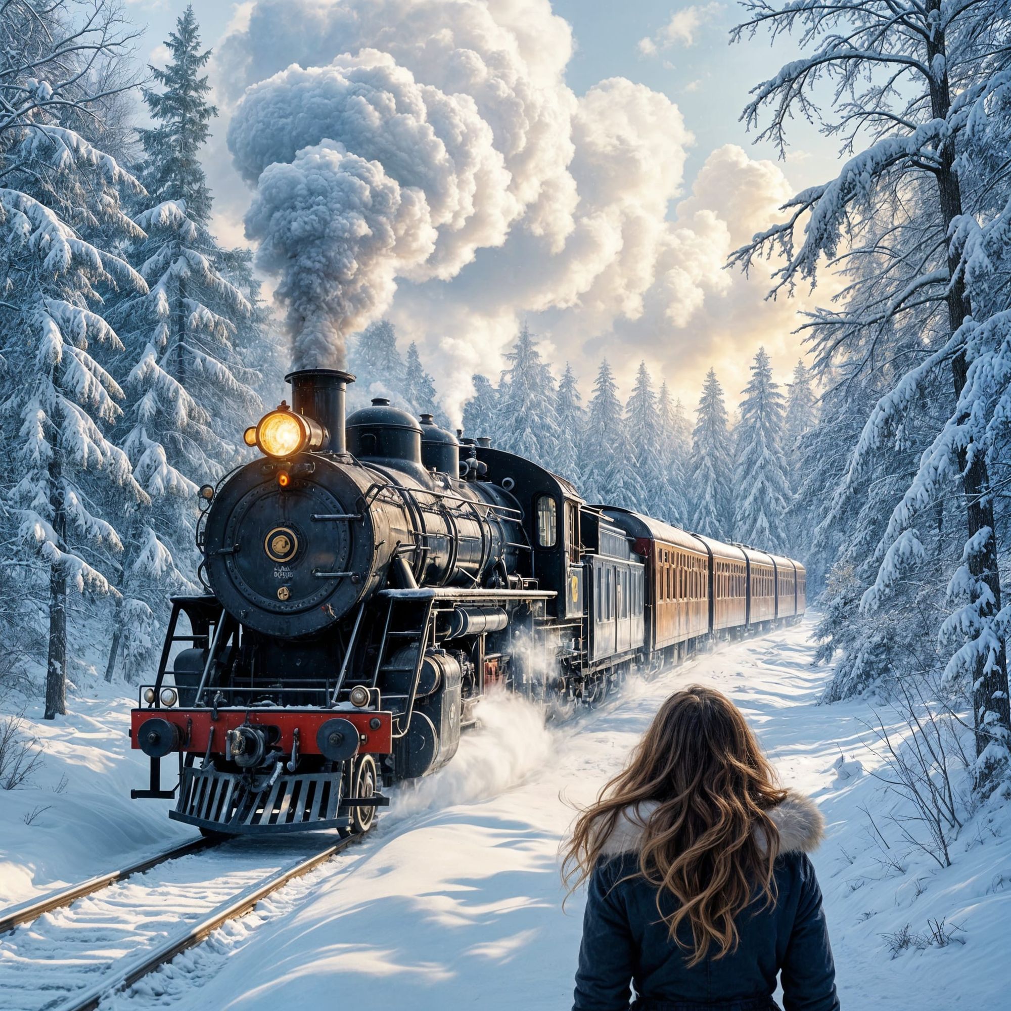 A woman with long hair is on the foreground, taking only a small part of the image. A vintage steam train, its metallic shell frosted with t...
