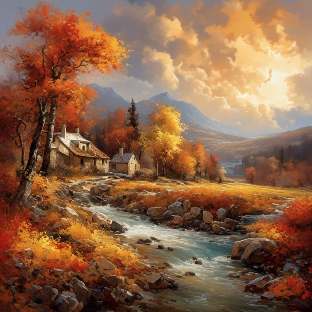 <lora:Coherent:1.0> un paysage en automne Guido Borelli warm colors volumetric lighting motion blur hyperdetailed landscape