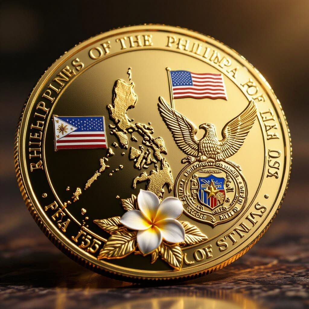 A shiny gold coin, one side of the coin with the Philippines map, Philippines flag, U.S. flag and the Philippines National Seal and Coat-of-...