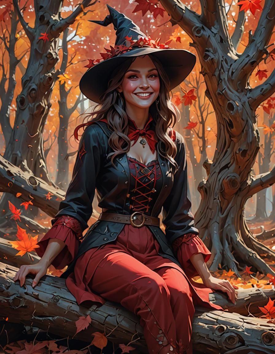 A smiling witch wearing red sitting on a fallen tree in a magical forest in autumn head and shoulders portrait, 8k resolution concept art po...