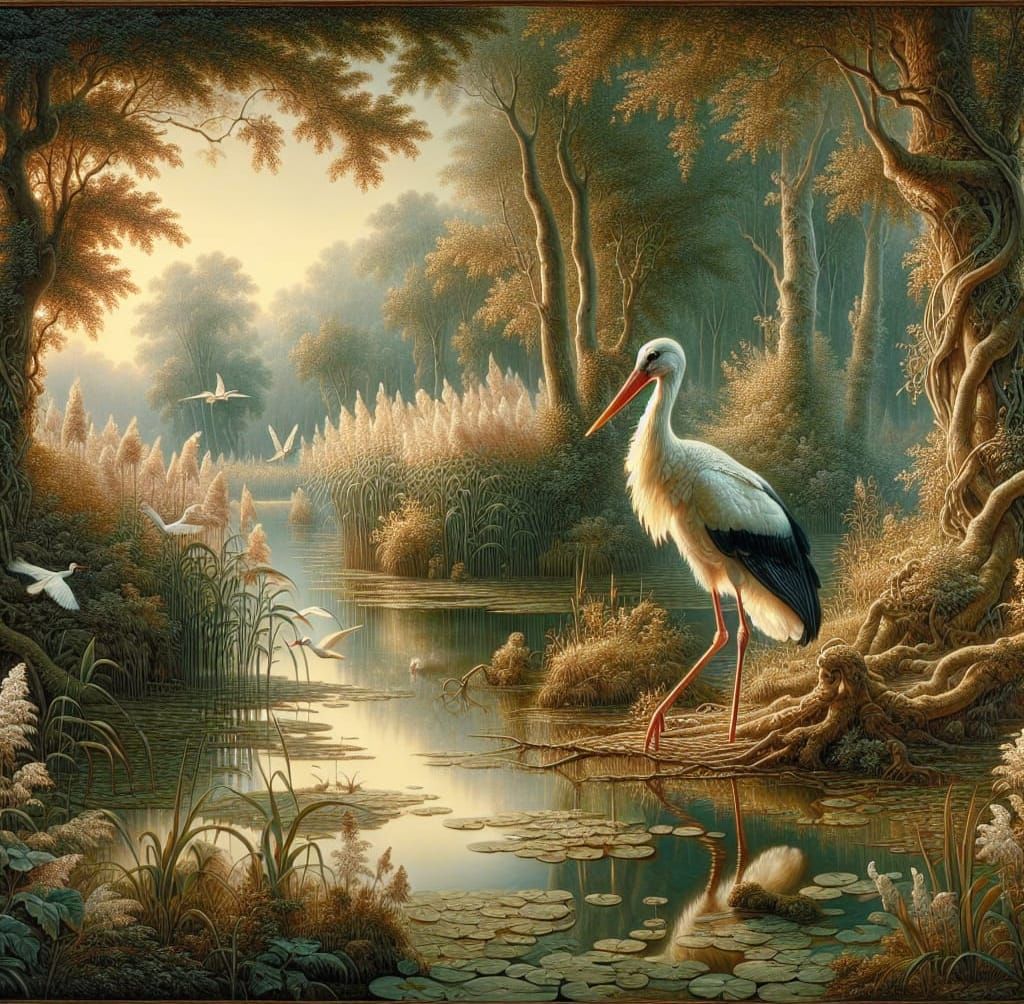 A  stork  stands amidst a tranquil riverscape bathed in golden light.  by @Sutton