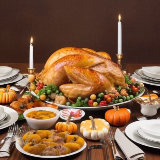 DSLR of a large Thanksgiving feast on a table, very detailed...