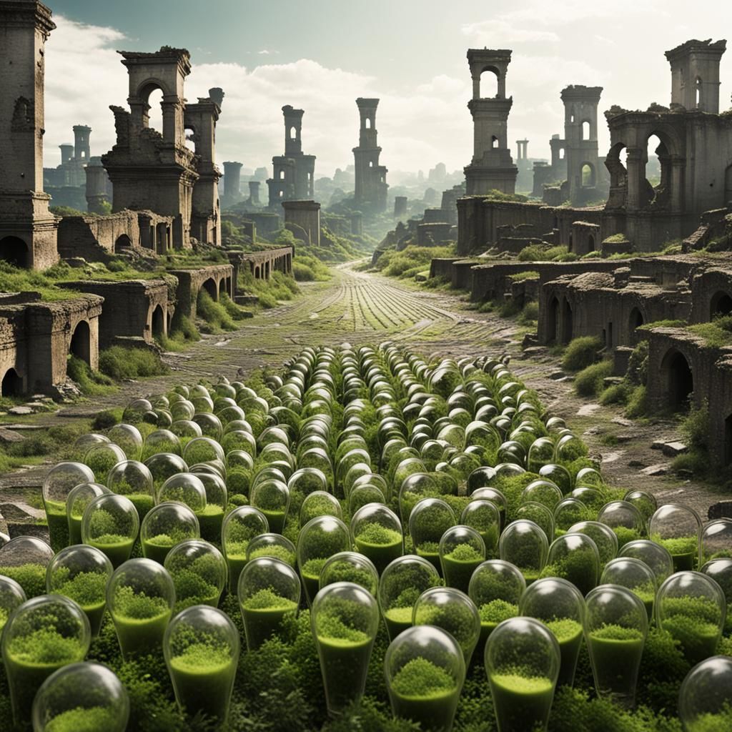 An army of hourglasses stretching to the horizon through a r...